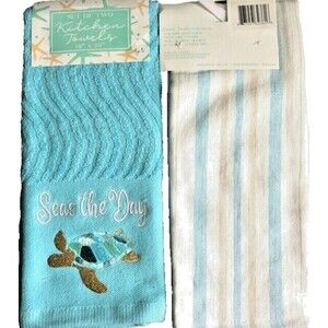 Sea Turtle Kitchen Dish Towels Set of 2 Aqua Embroidered Seas The Day Beach